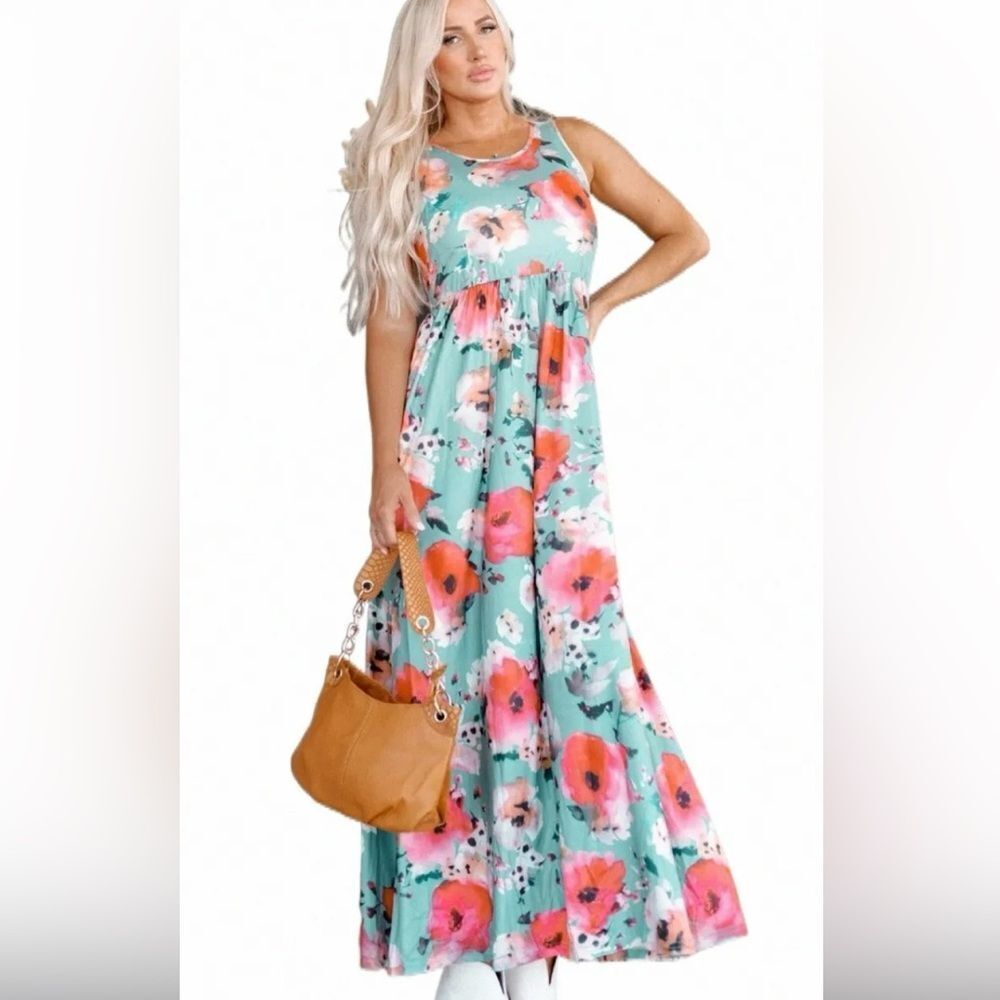 Sky Blue Boho Print Sleeveless High Waist Long Floral Dress, size Large